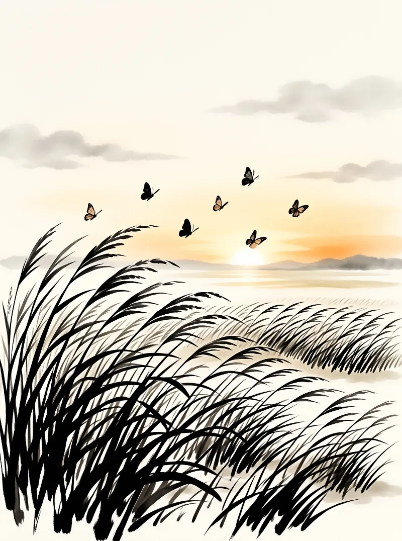 Dark grass blades bend in the wind while butterflies fly above calm water reflecting a warm orange sun near distant hills.