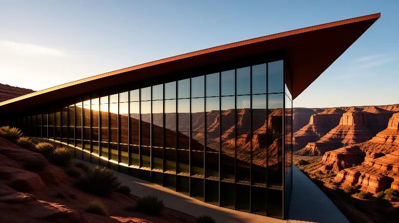 A modern glass-walled pavilion juts out from a cliff, mirroring the canyon's red mesas under warm sunset light.