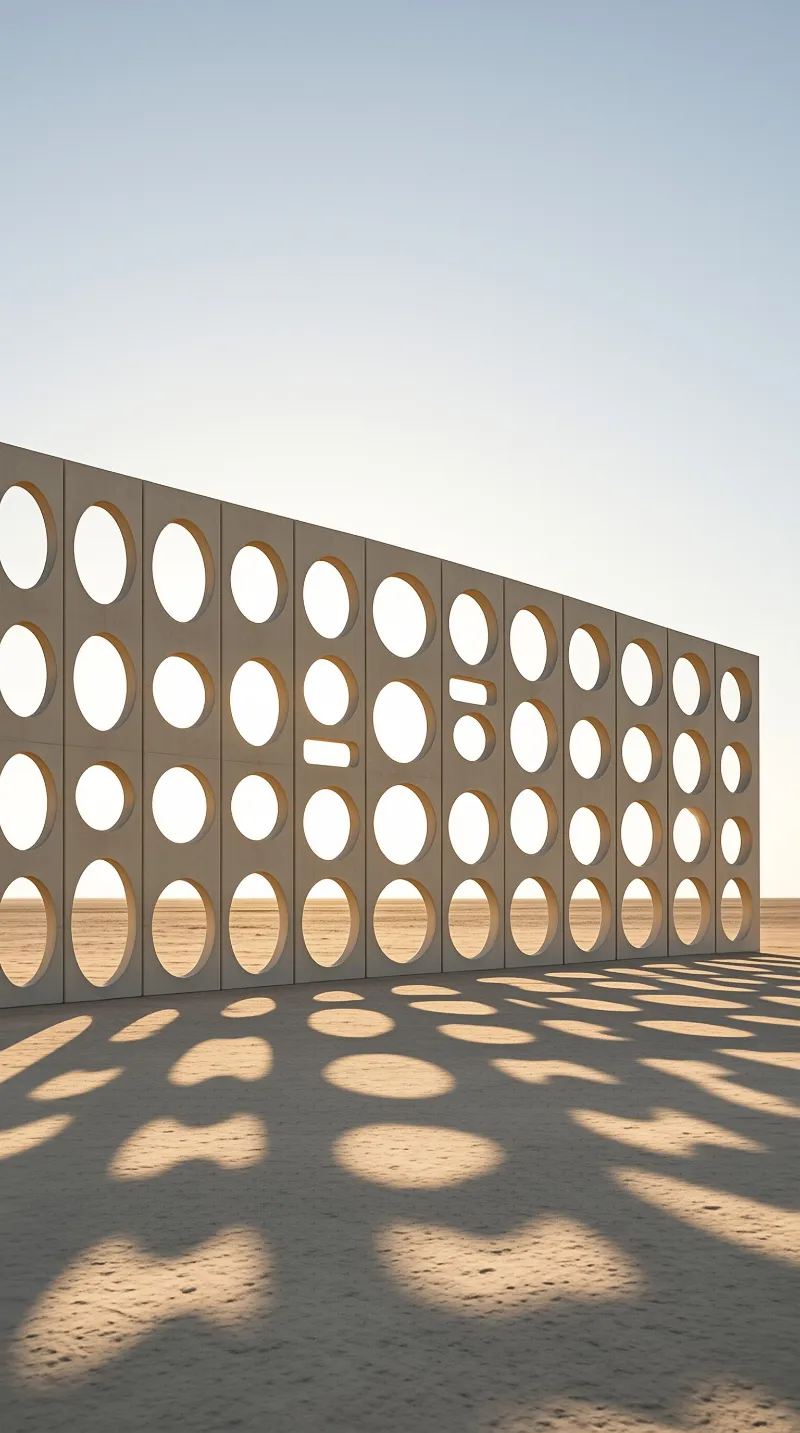 A long perforated wall stands in a desert landscape, casting bright circular light patterns across the sand.