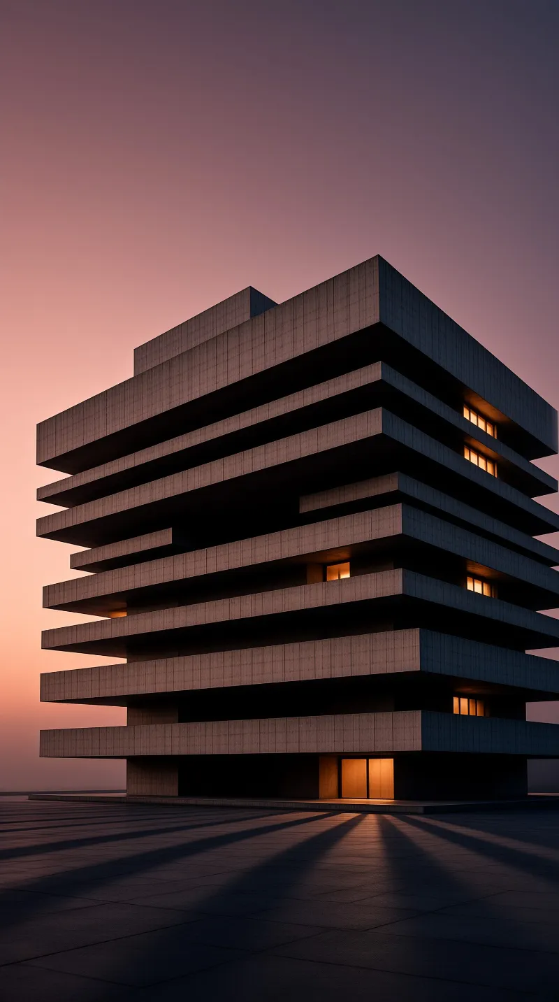 A geometric concrete building with stacked levels glows warmly against a fading purple sky at dusk.