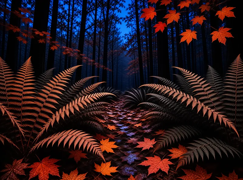 Orange ferns and maple leaves border a path winding into a dense dark woodland beneath a deep blue evening sky.