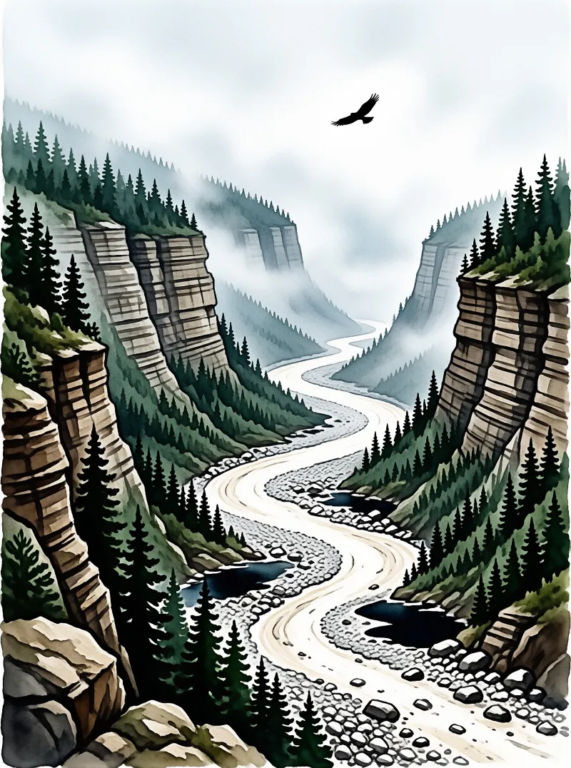 A winding river cuts through a misty canyon flanked by pine trees and a bird flies above.