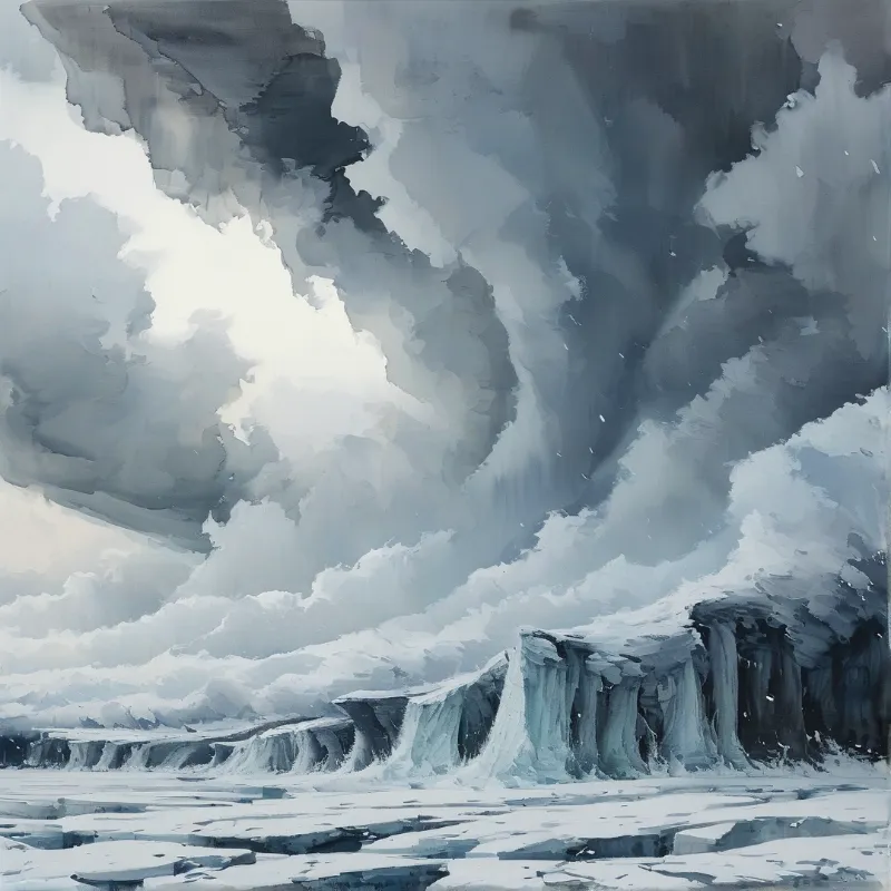 Painted slabs of pale ice drop into a frozen plain while towering grey clouds swirl in thin sunlight.