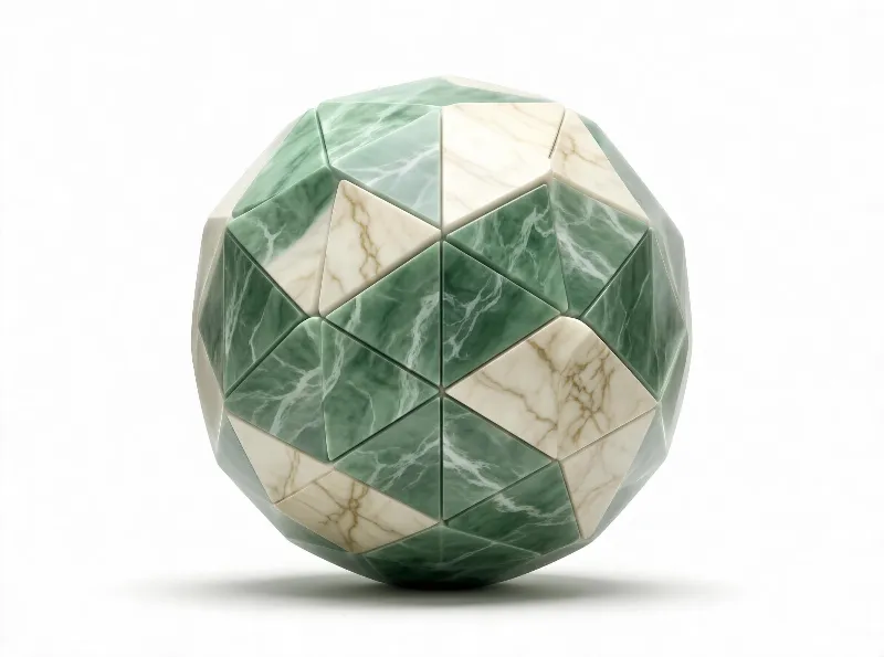 A geometric sphere composed of triangular tiles in green and white marble with veining, on a plain white background.