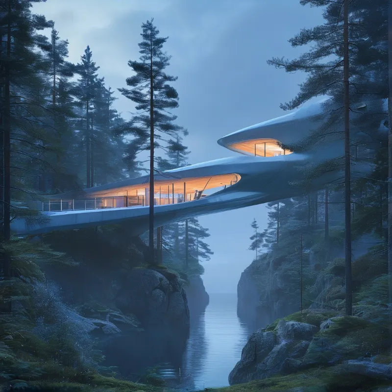 A glowing white structure bridges a misty river gorge amidst tall dark pine trees during cool blue hour.
