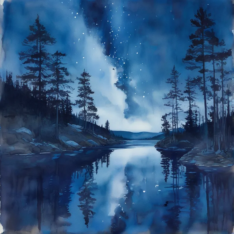 Pine trees line a calm blue lake reflecting stars and clouds along a rocky shoreline at night.