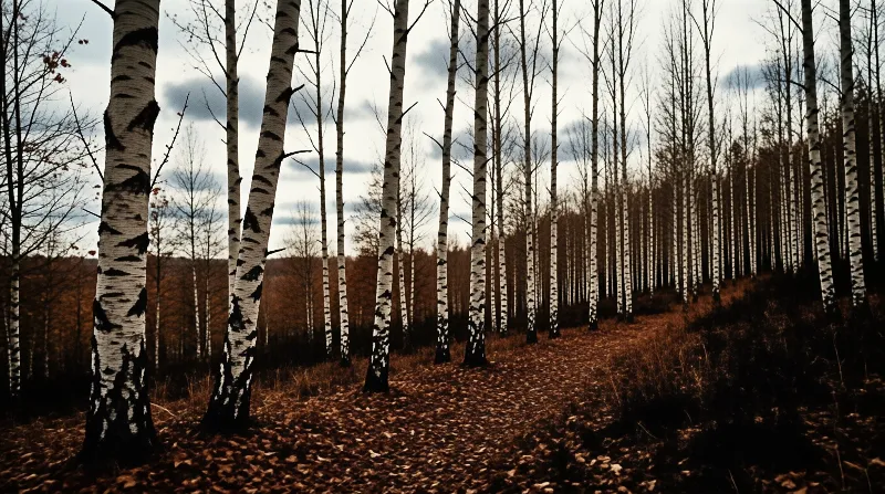 Tall black and white birch trees line a hillside path strewn with brown autumn leaves under dim cloudy skies.