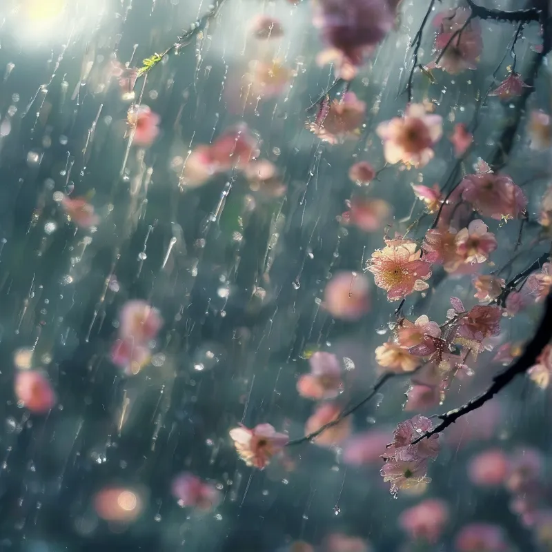 Pink cherry blossoms on dark branches glisten with raindrops as sunlight streams through a soft blue misty background