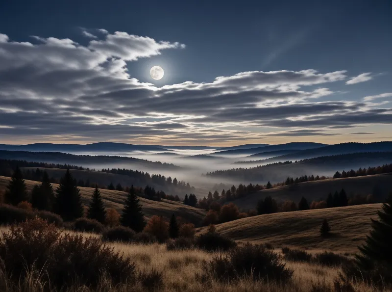 Layered hills and dark spruces sink into bands of low mist while a pale moon glows through streaked evening cloud