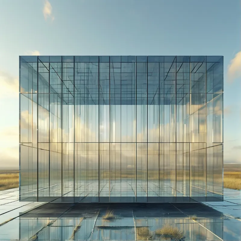 A large transparent geometric building stands amidst a dry landscape under a bright sky with scattered clouds.
