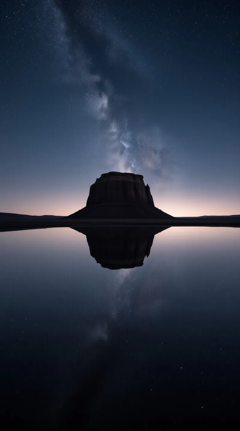 A massive butte silhouette is mirrored in calm water beneath a vast Milky Way galaxy stretching across the night sky.
