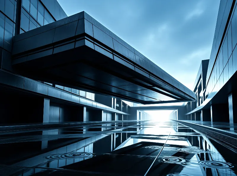 Monolithic concrete slabs overhang a mirrored wet corridor that opens to a glowing blue-white light.