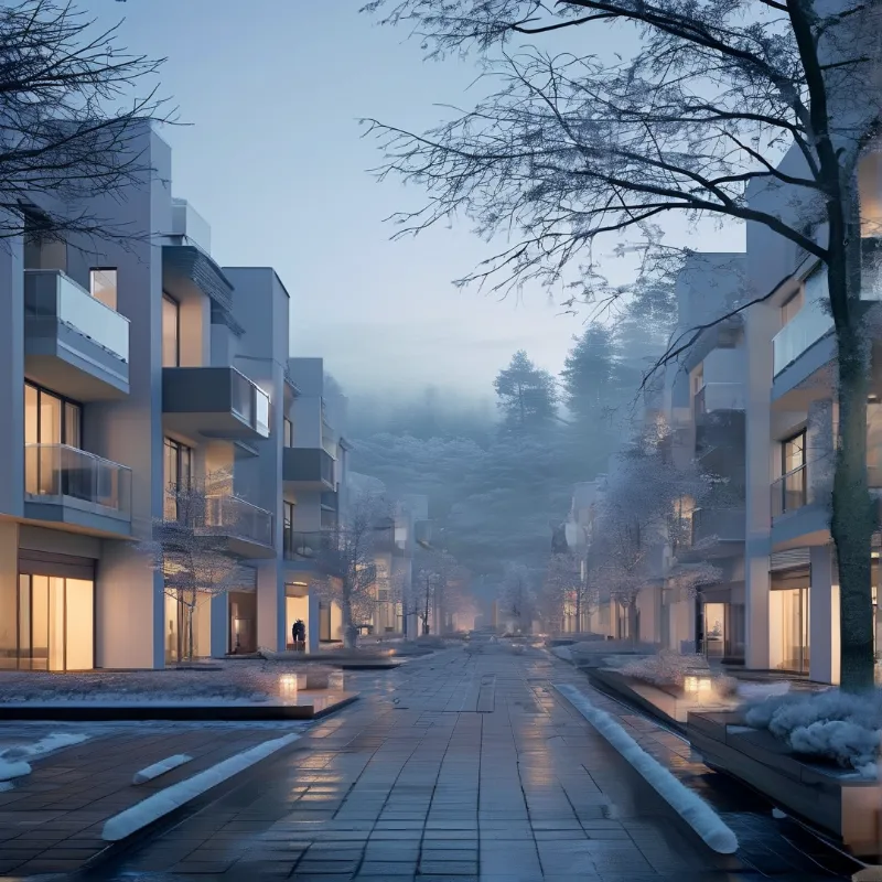 Glowing apartment balconies line a wet path covered in frost while fog obscures trees in the cold blue twilight.