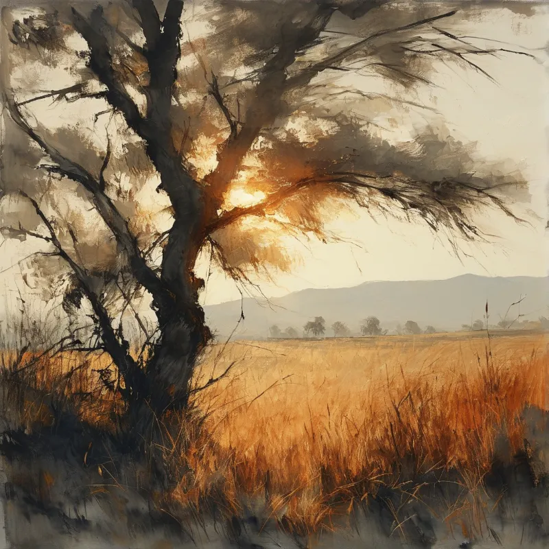 A dark twisted tree trunk stands in a field of tall grass while sunlight filters through branches casting a warm glow.