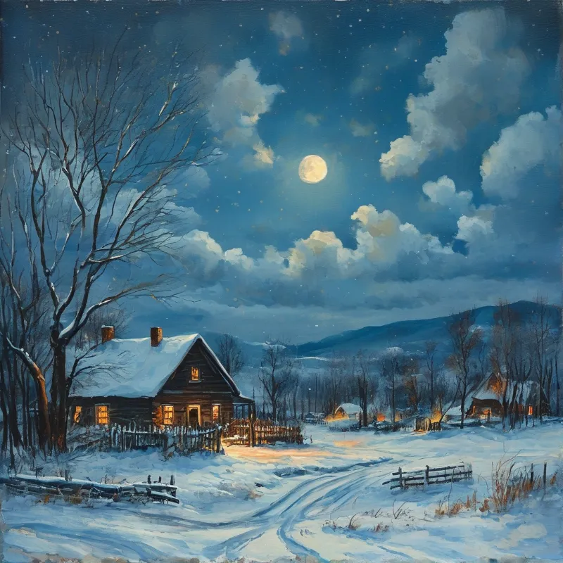 A wooden cabin glows warmly in a snow-covered valley under a bright full moon and starry night sky.