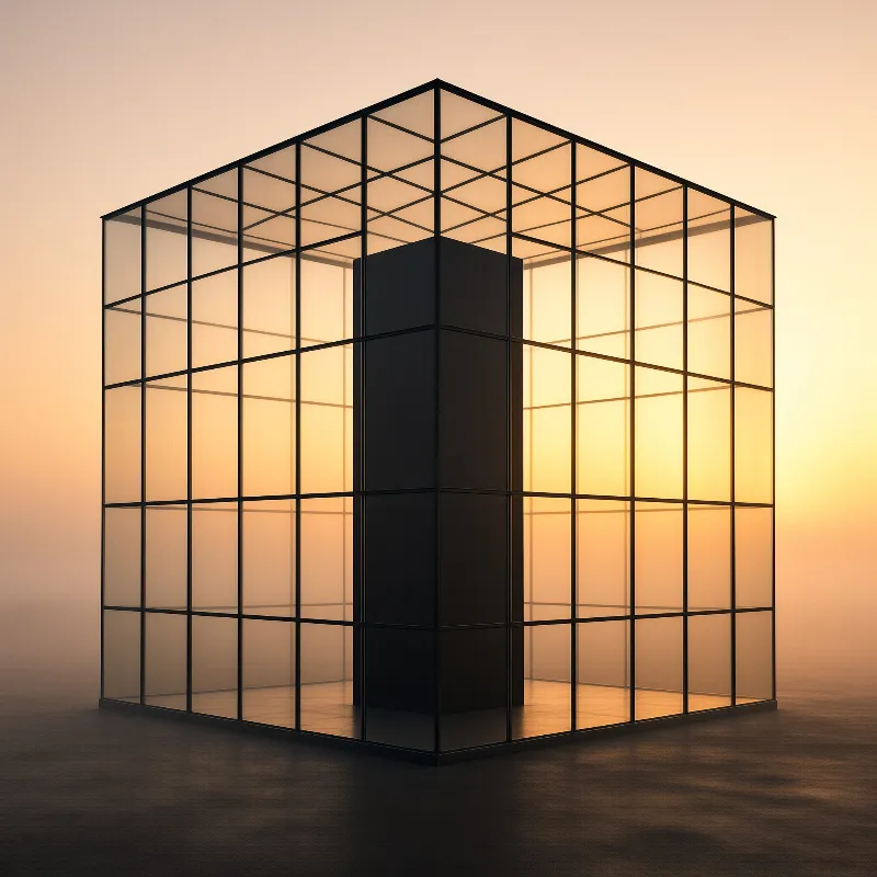 A transparent grid structure encloses a dark rectangular volume while bathed in soft golden ambient light.