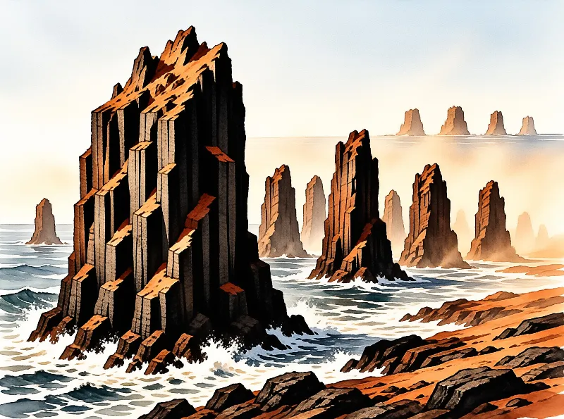 Towering hexagonal rocks emerge from ocean waves illuminated by sunset hues with distant formations visible on the horizon.