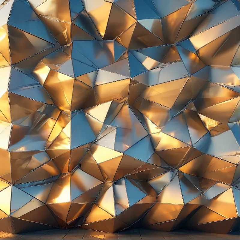 A metallic building facade features angular panels reflecting a blue sky and warm sunlight