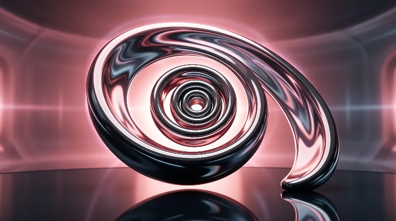 A glossy black and chrome spiral sculpture floats above a reflective surface under soft pink ambient lighting.
