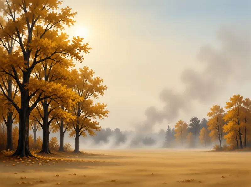 Tall deciduous trees with bright orange leaves line a foggy field bathed in warm morning light.