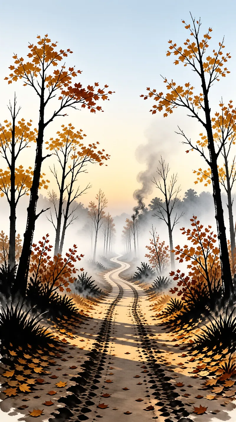 A winding path with tire tracks leads through a misty forest filled with trees bearing orange autumn leaves.
