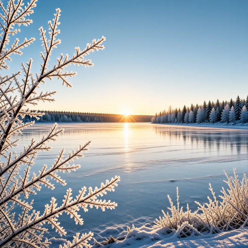 A low sun casts golden reflections across a frozen lake surrounded by snow-covered trees.