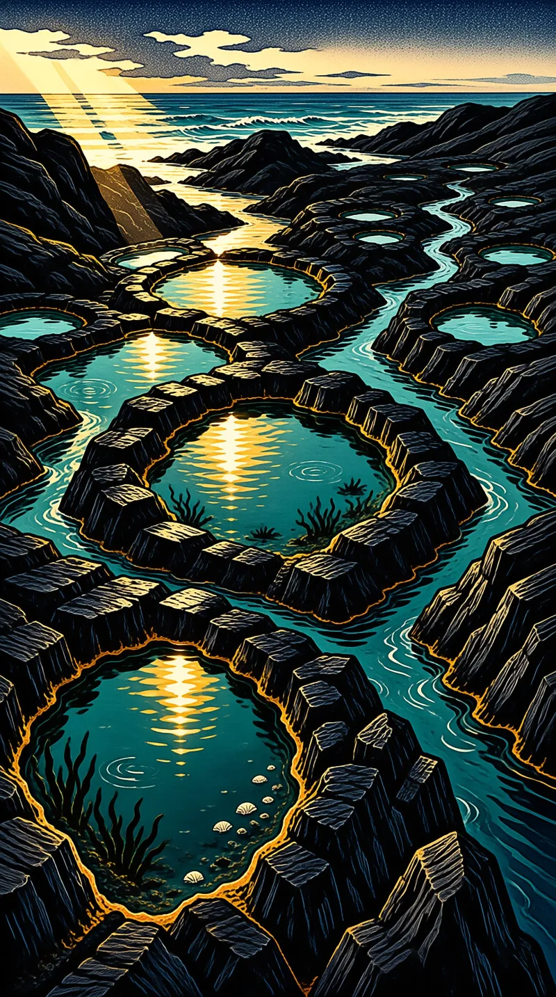 Stylized coastal scene with dark basalt tide pools reflecting a golden sunbeam beneath a starry sky.