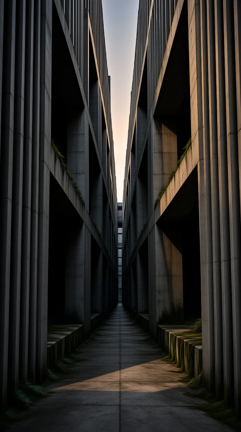 Tall concrete buildings frame a narrow path where green moss grows on ledges illuminated by warm sunlight.