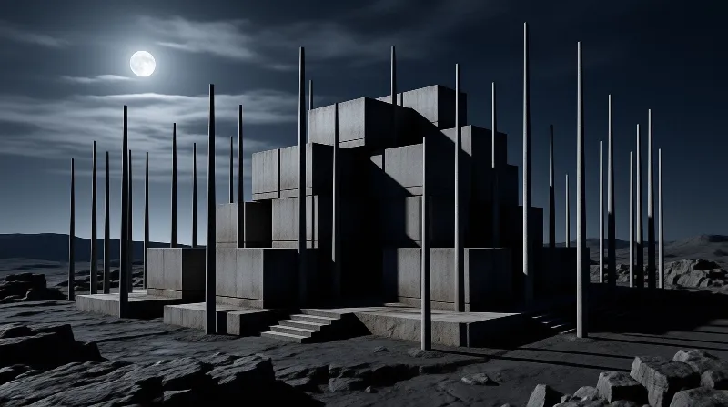 A large concrete architectural structure with tall vertical poles stands on rocky ground beneath a full moon at night.