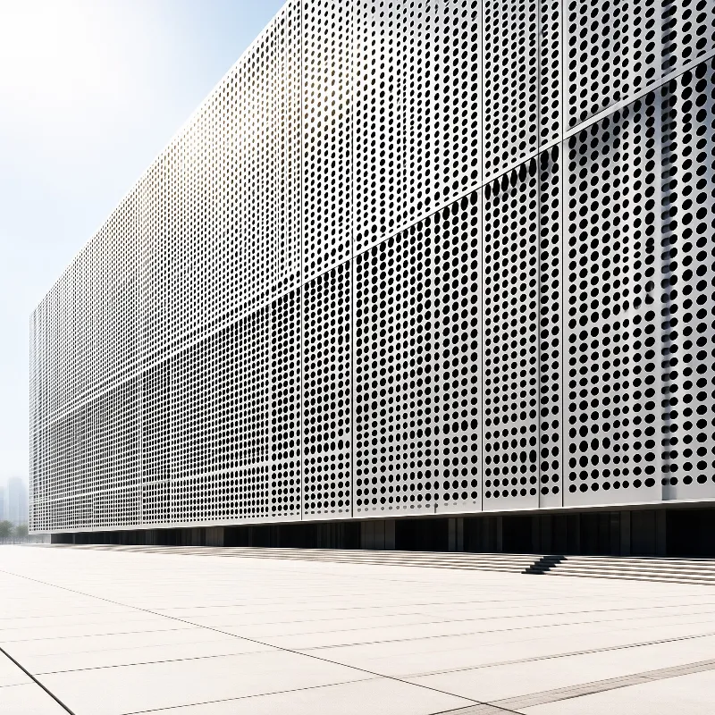 A white building covered in circular holes casts geometric shadows on a vast open plaza in bright sunlight