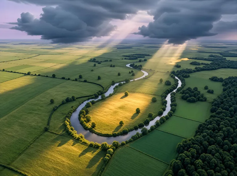 Aerial View of River and Fields