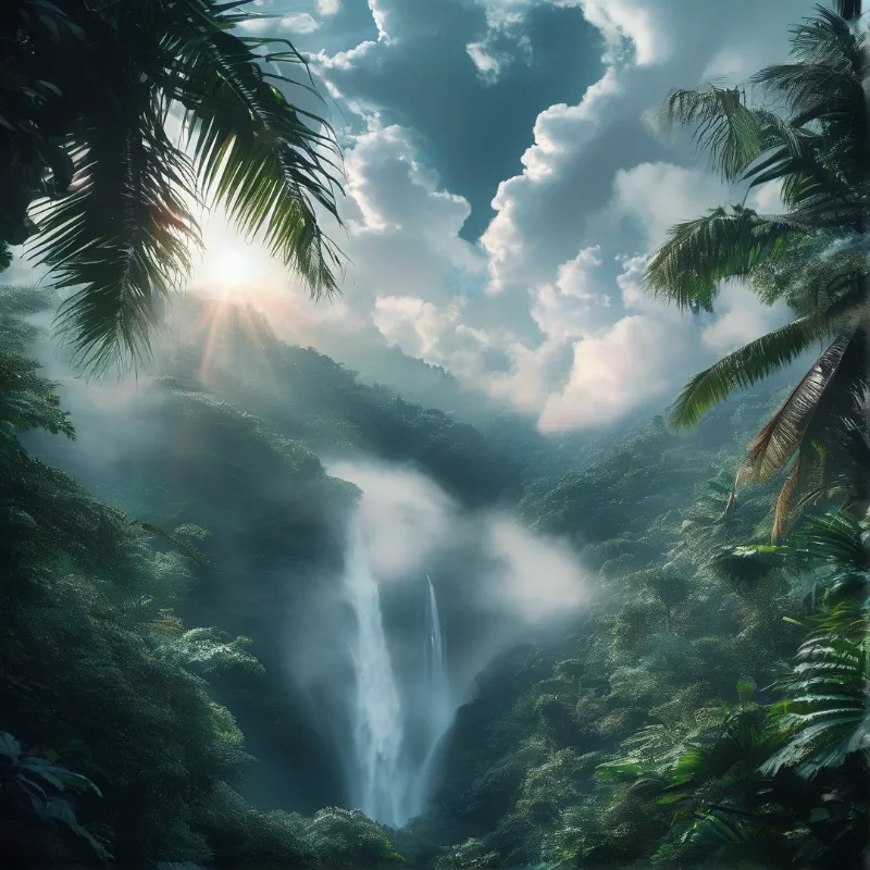 Sunlit Jungle Waterfall