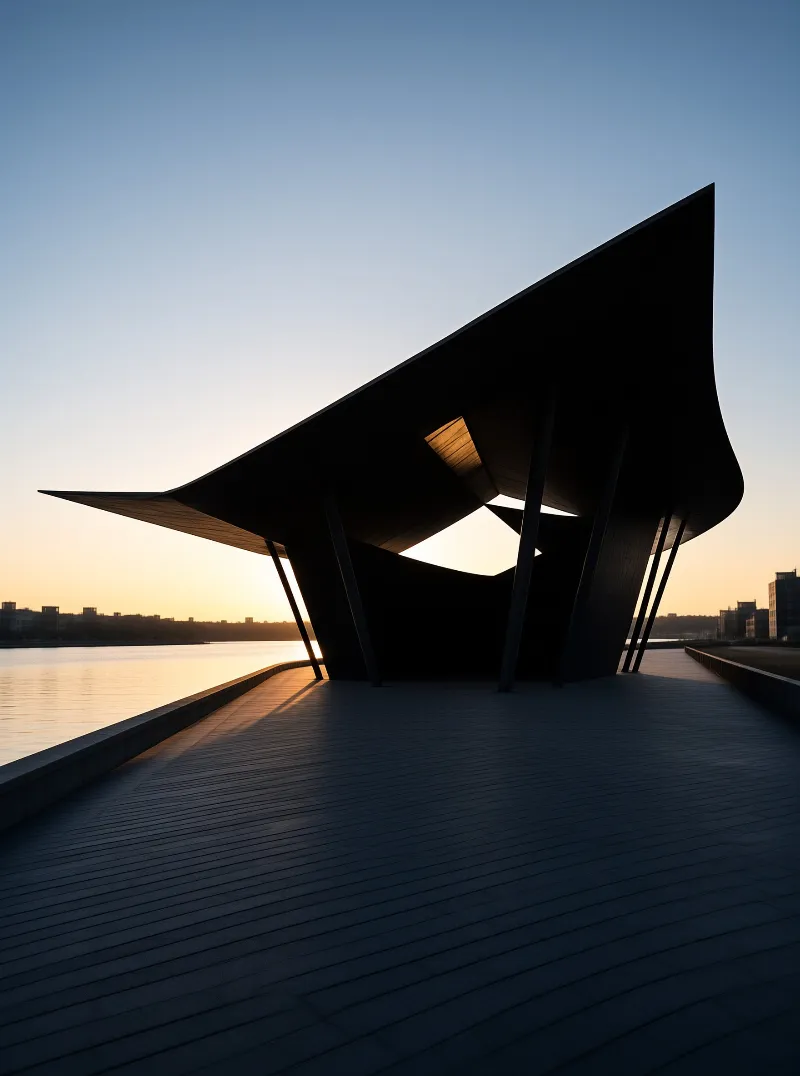 A bold modernist shelter with a billowing dark canopy stands on a timber deck beside calm water at golden hour.