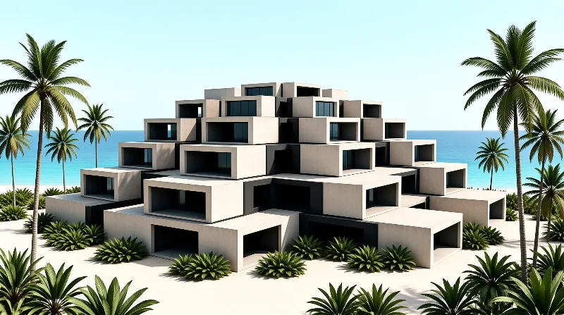 Stacked concrete blocks form a sculptural pavilion framed by palm trees and turquoise sea.