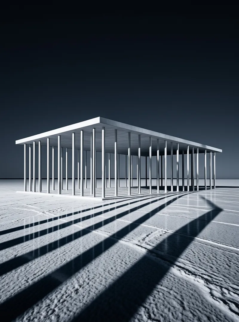 A minimalist rectangular structure with many thin pillars casts long shadows on a cracked salt flat under a dark sky.