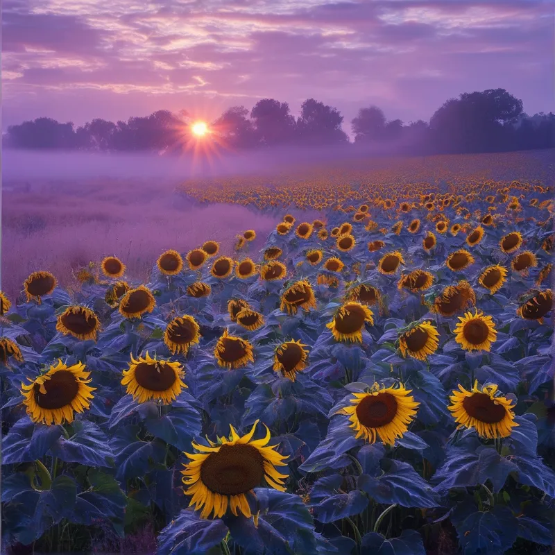 A vast field of yellow sunflowers stretches towards the horizon where the sun rises through a foggy purple landscape.