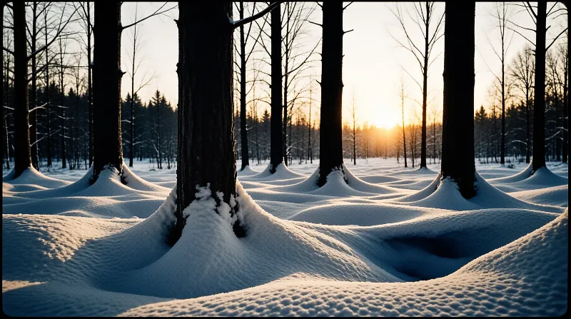 Dark tree trunks emerge from mounds of white snow as warm golden sunlight glows through the distant branches.
