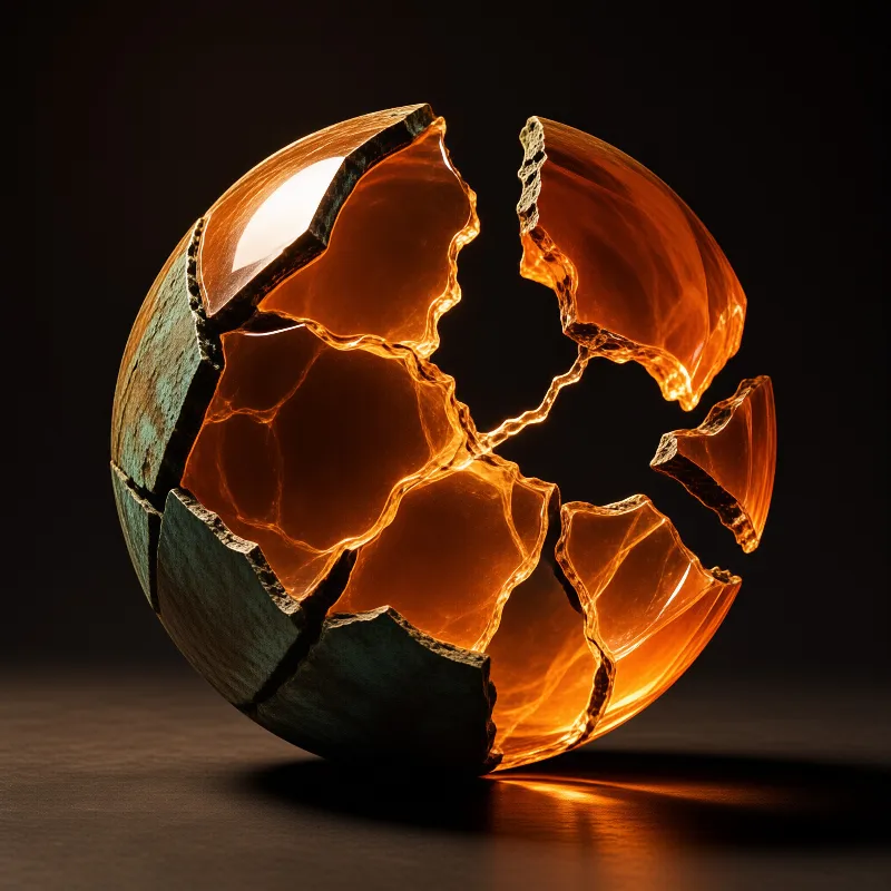 A shattered sphere reveals a glowing amber interior against a dark background with dramatic lighting.