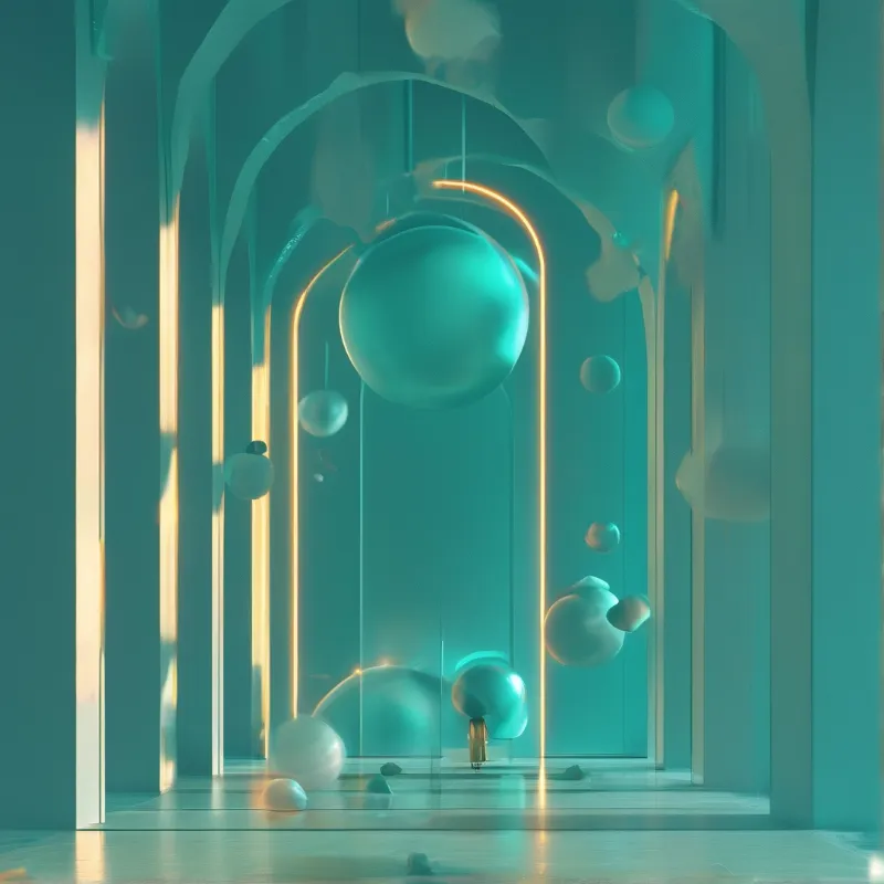 A large cyan sphere hovers among smaller orbs within a teal corridor lit by vertical golden light strips.