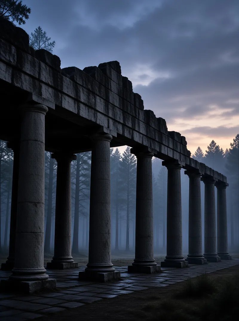 A row of weathered stone columns stands in a foggy pine forest under a dark blue sky with faint orange light on the horizon.