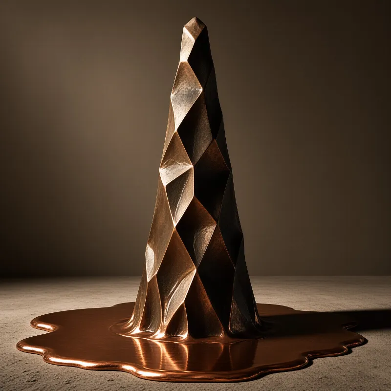 Twisted copper spire stands on concrete floor with base melting into a reflective puddle under side lighting.