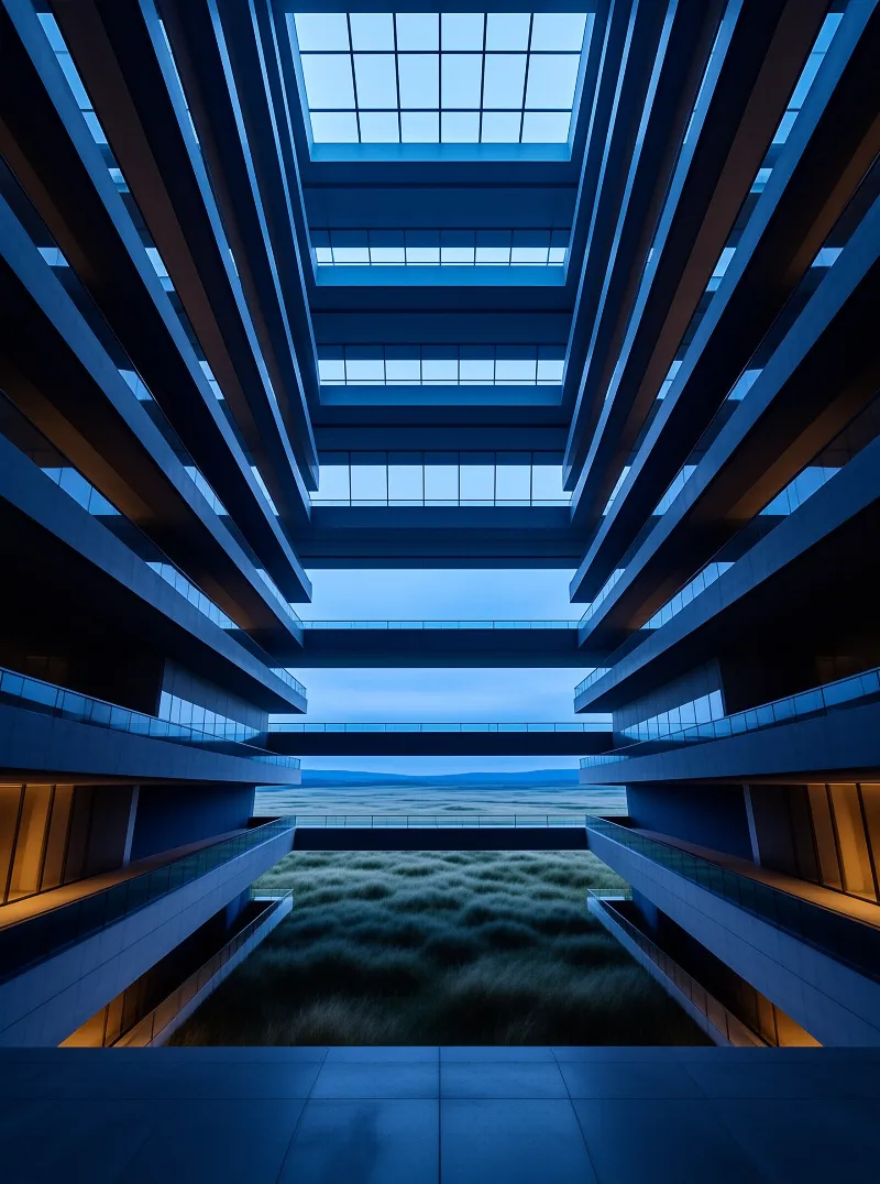 Symmetrical modern building interior with stacked balconies opening onto a grassland under deep blue evening light