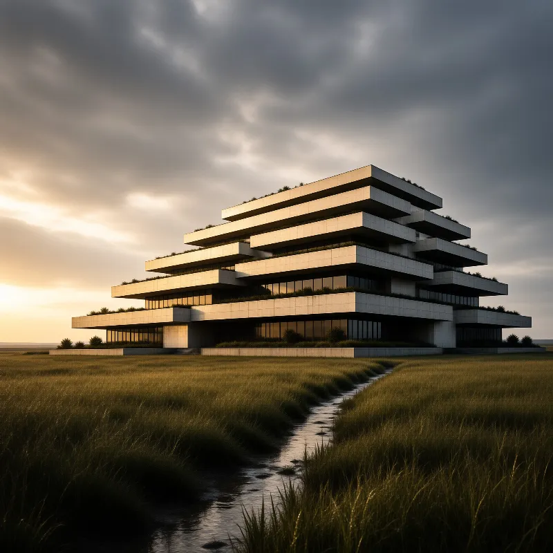 A stepped modern structure with vegetated overhangs sits in a wide open grassland with a narrow water channel leading up to it under a cloudy dusk sky