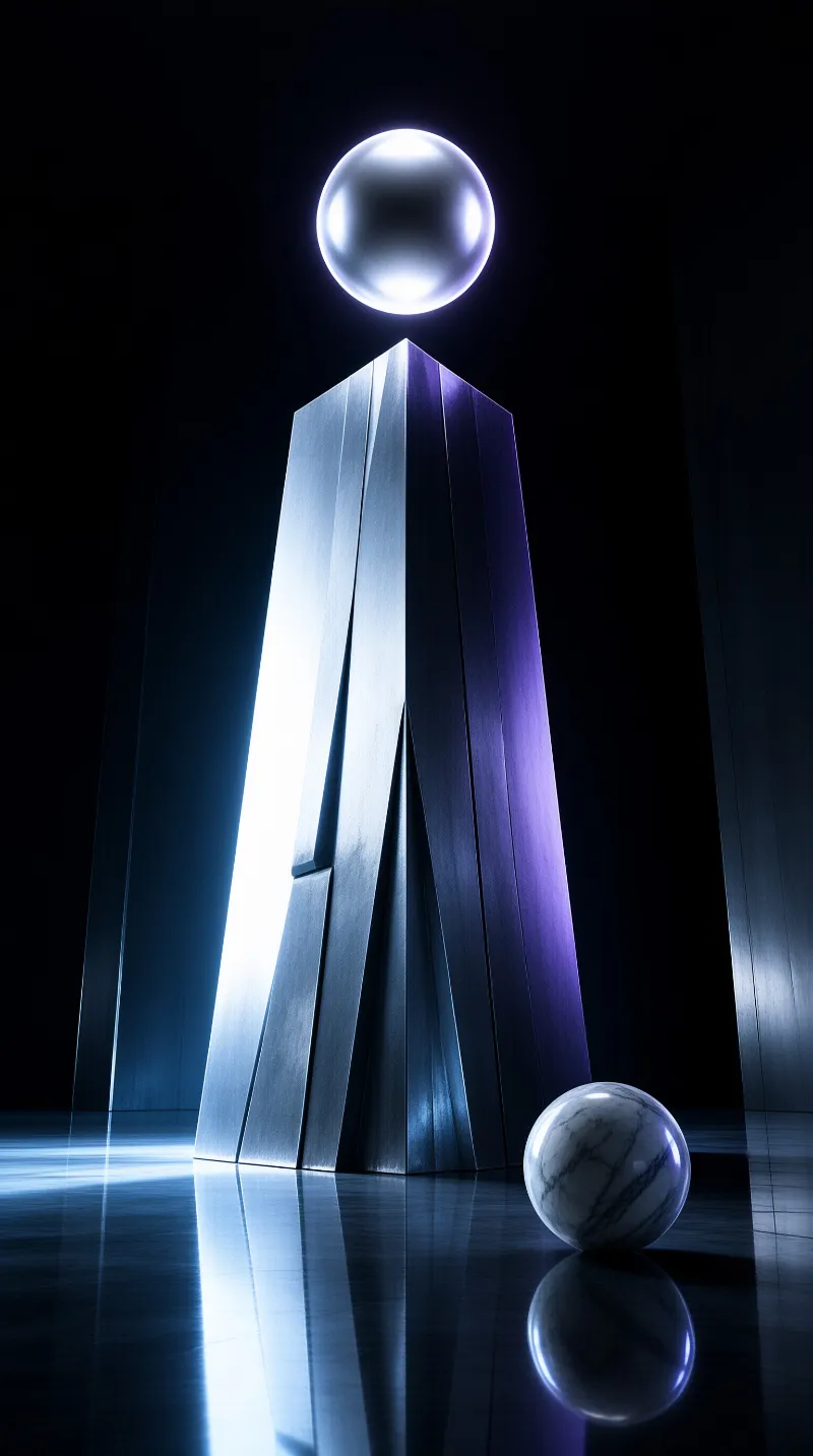 A tall faceted metallic pillar rises from a reflective floor while a luminous sphere hovers above its peak and a marble orb rests nearby surrounded by deep shadow.