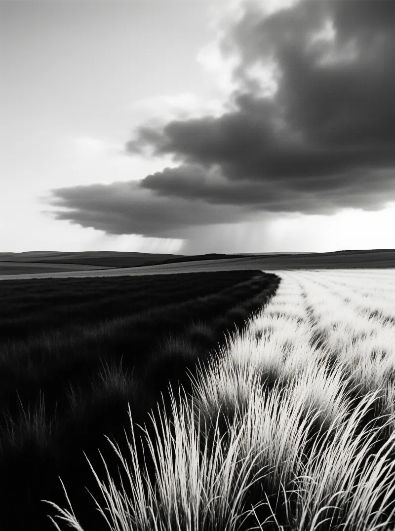 Black and white landscape featuring dramatic dark clouds looming over rolling fields and tall grass in the foreground.
