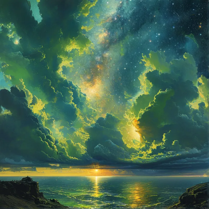 Backlit emerald clouds glow over a calm ocean while stars and nebula hues show through gaps above the horizon.