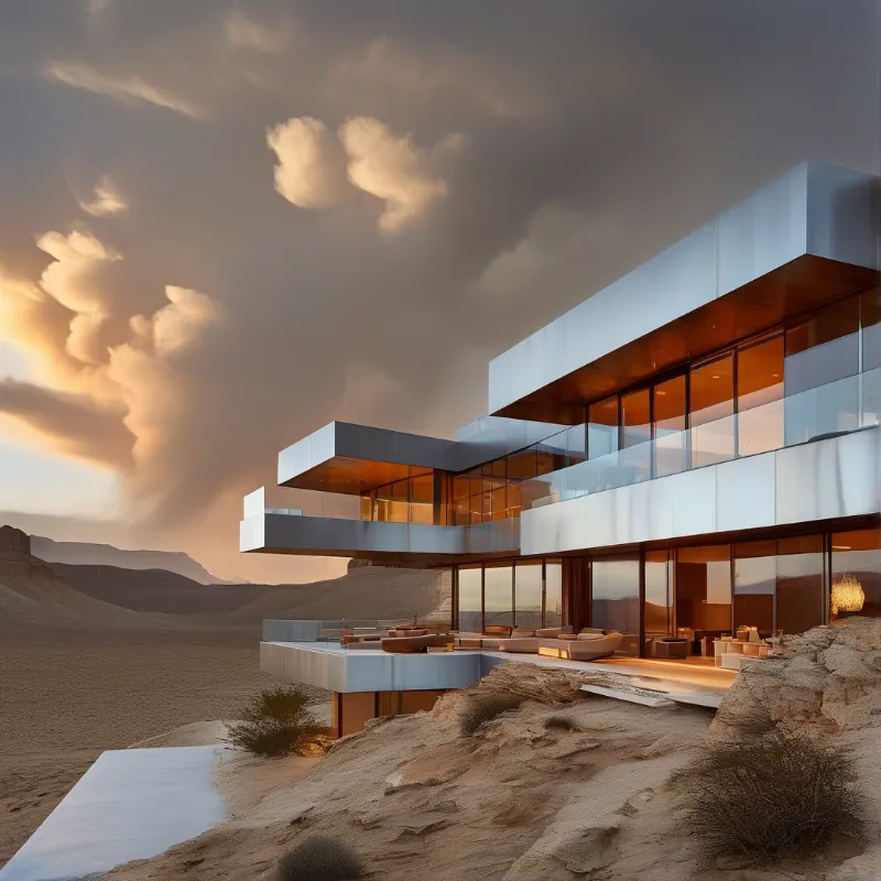 A multi-story glass building overlooks a rocky desert landscape beneath a dramatic sky filled with lit clouds.