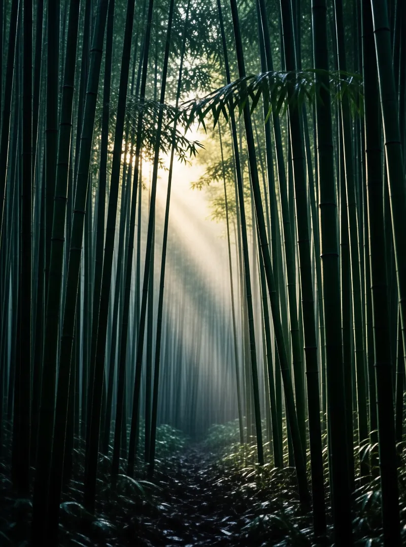 Rays of soft light filter through dense bamboo stalks onto a shadowy trail wrapped in morning fog.