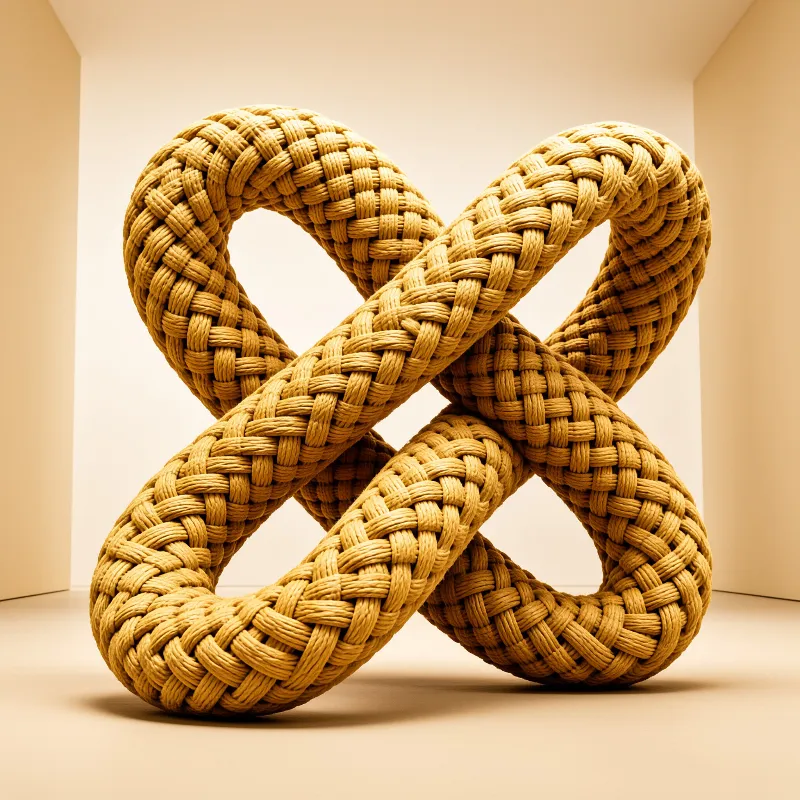 A massive tan wicker structure twists into a continuous loop shape resting on a smooth pale surface.