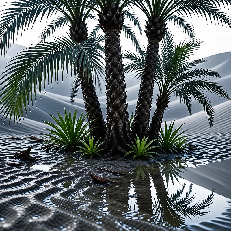 Cluster of palm trees with wet fronds reflecting on rippled sand under a grey overcast sky